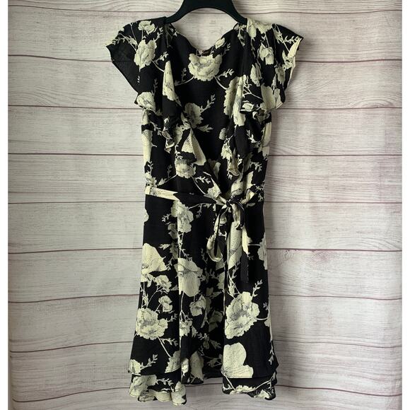 Free People French Quarter Black Cream Floral Print Dress Wrap Front Ruffle - Picture 1 of 15